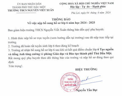 THÔNG BÁO Về việc công bố danh sách  tuyển sinh lớp 6 Năm học 2024 – 2025