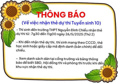 📣Thông báo về việc nhận thẻ dự thi Tuyển sinh 10 năm học 2025-2026 của Trường THPT Nguyễn Đình Chiểu 👇