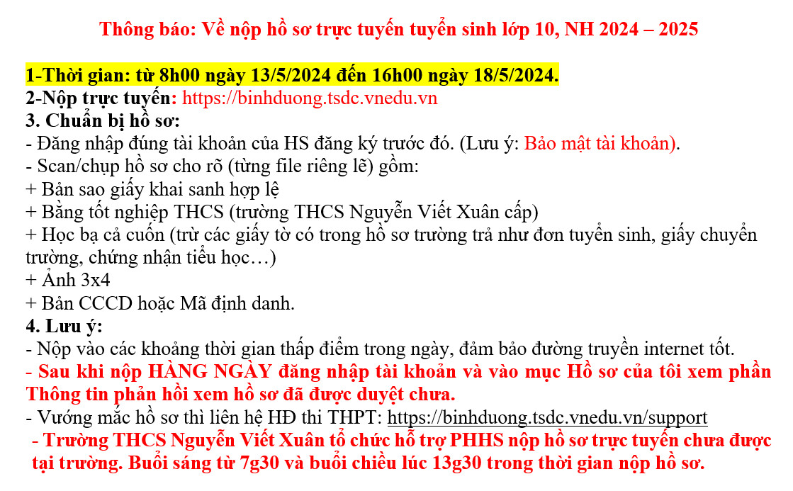 Thông báo về thời gian nộp hồ sơ tuyển sinh lớp 10 - trực tuyến