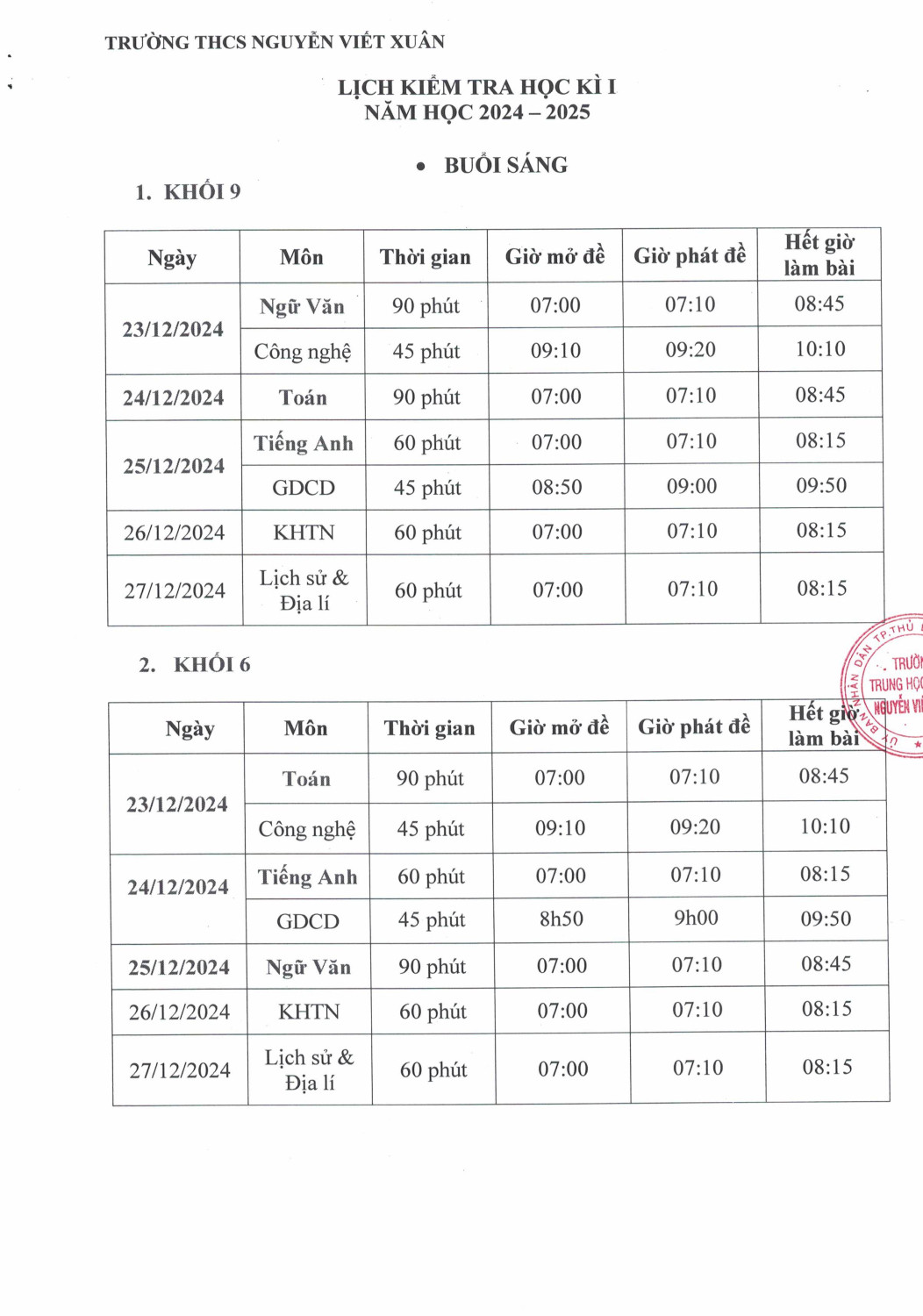 LICH KIEM TRA CUOI HK 1 2024 2025 12032024 hình ảnh 0